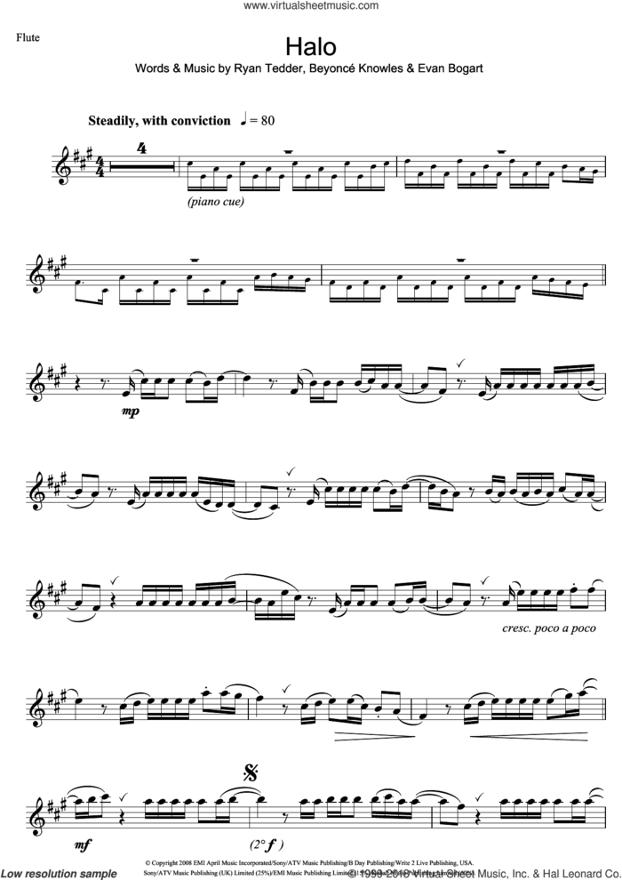 Halo sheet music for flute solo by Beyonce, Evan Kidd Bogart and Ryan Tedder, intermediate skill level