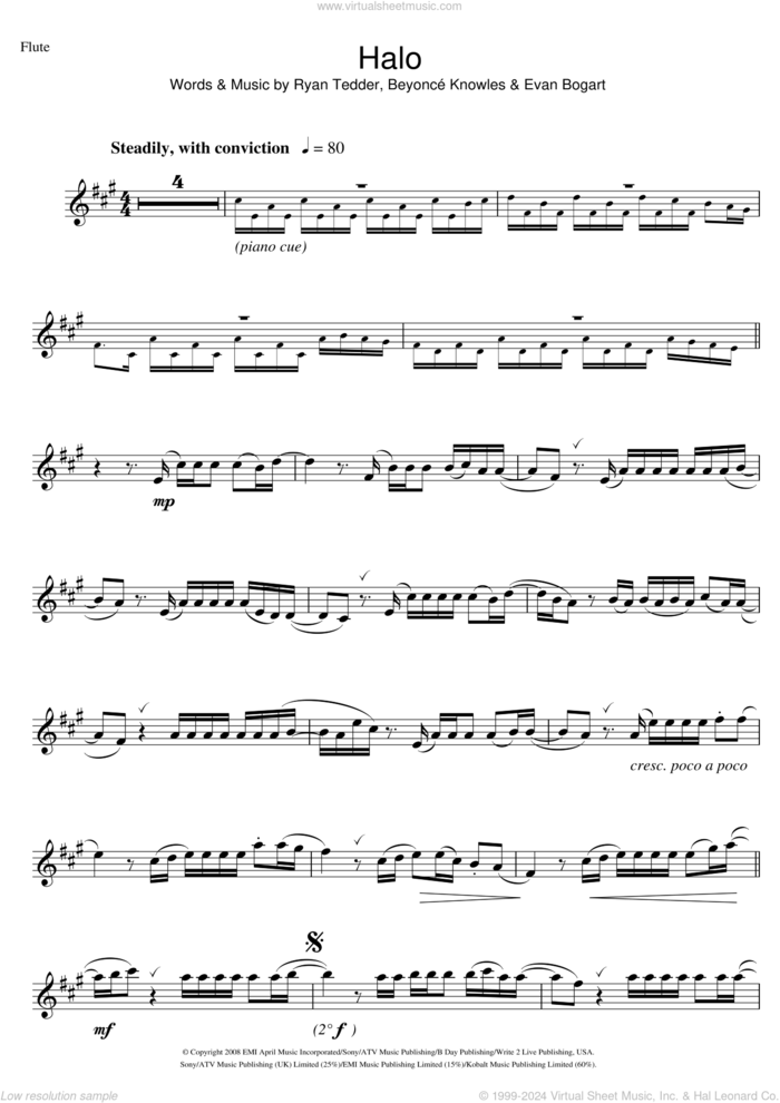 Halo sheet music for flute solo by Beyonce, Evan Kidd Bogart and Ryan Tedder, intermediate skill level