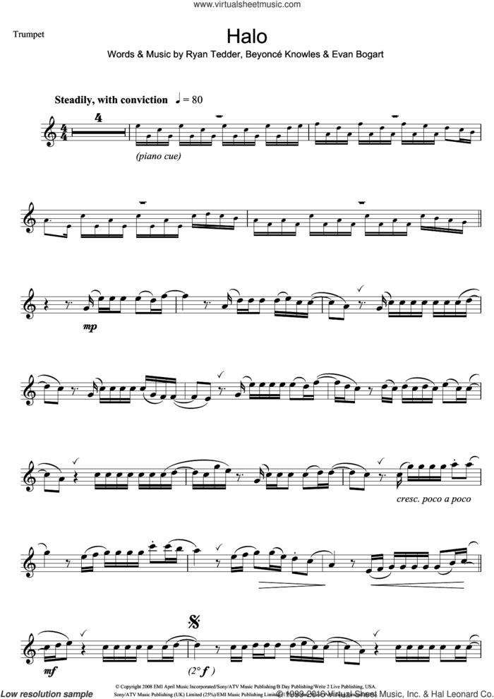 Halo sheet music for trumpet solo by Beyonce, Evan Kidd Bogart and Ryan Tedder, intermediate skill level