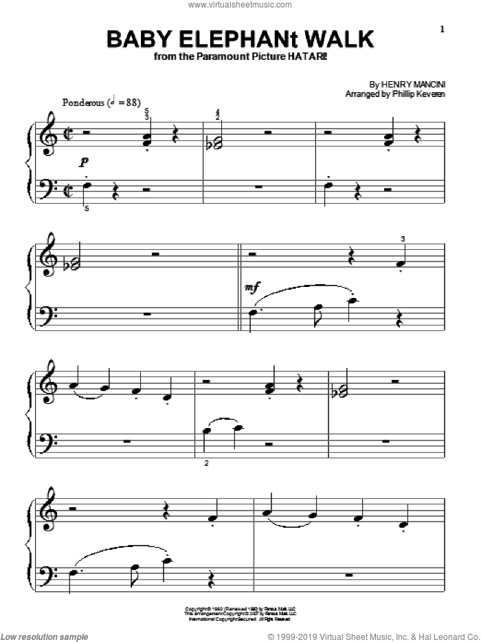 Baby Elephant Walk (arr. Phillip Keveren) sheet music for piano solo (big note book) by Henry Mancini, Phillip Keveren and Hal David, easy piano (big note book)