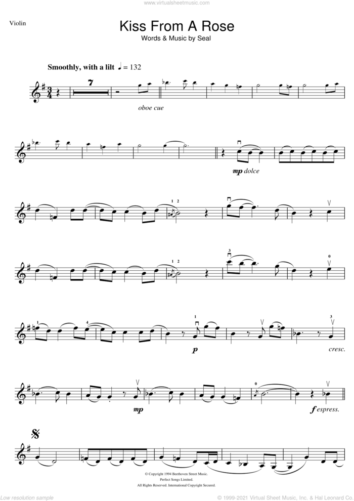 Kiss From A Rose sheet music for violin solo by Manuel Seal, intermediate skill level