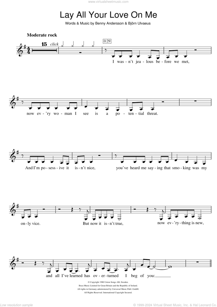 Lay All Your Love On Me sheet music for clarinet solo by ABBA, Benny Andersson and Bjorn Ulvaeus, intermediate skill level