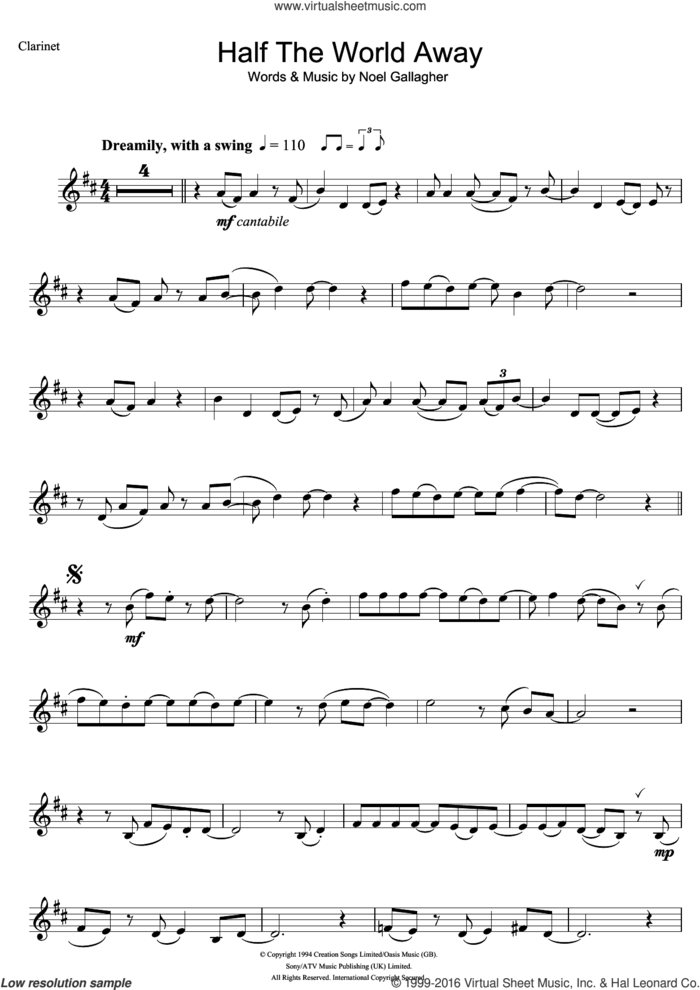 Half The World Away sheet music for clarinet solo by Oasis and Noel Gallagher, intermediate skill level