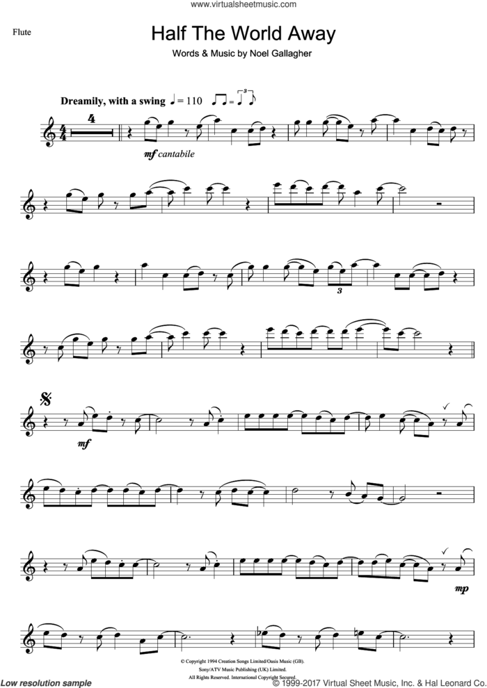 Half The World Away sheet music for flute solo by Oasis and Noel Gallagher, intermediate skill level