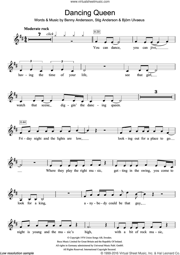 Dancing Queen sheet music for clarinet solo by ABBA, Benny Andersson, Bjorn Ulvaeus and Stig Anderson, intermediate skill level