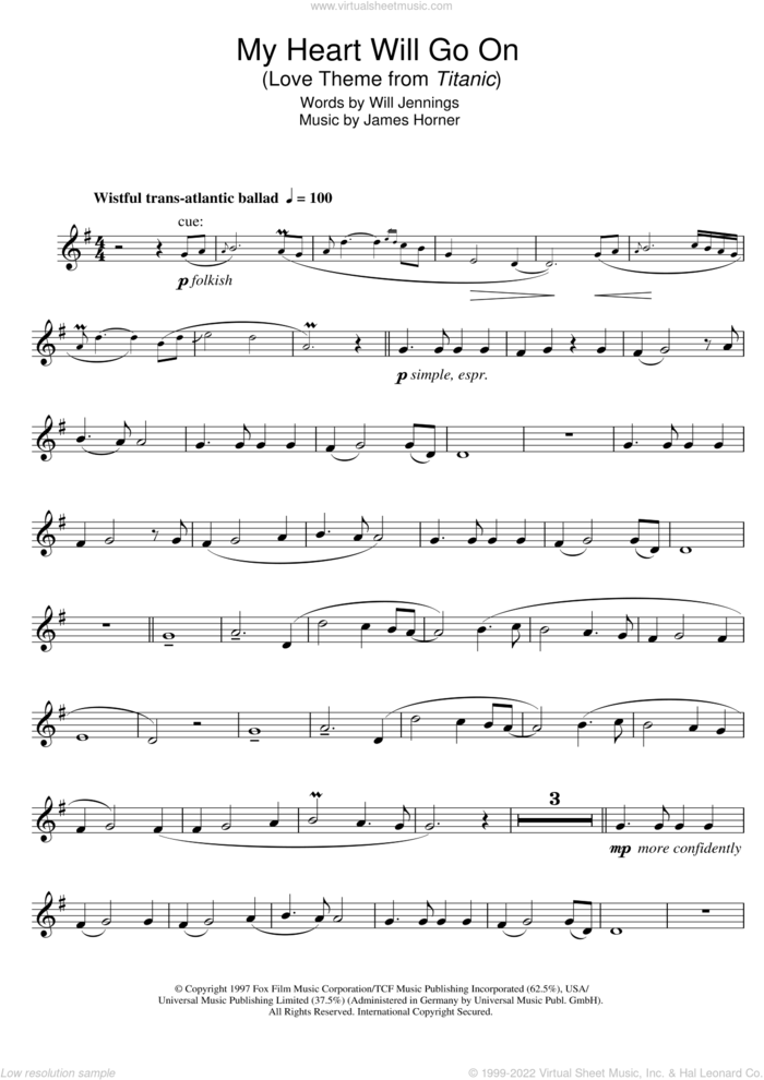 Dion My Heart Will Go On Love Theme From Titanic Sheet Music For Clarinet Solo