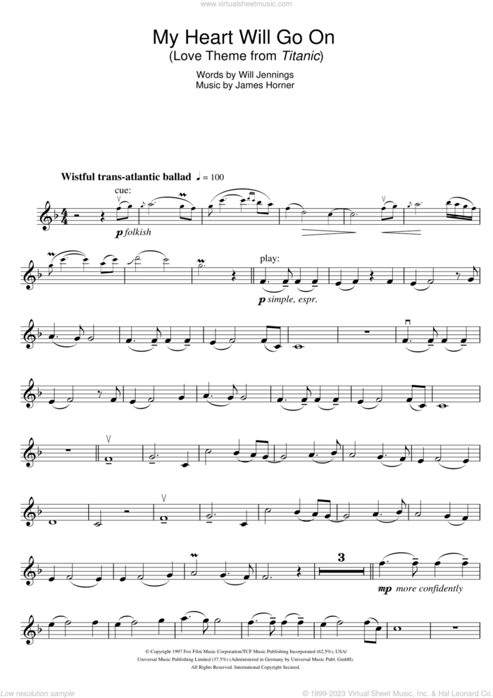 My Heart Will Go On (Love Theme from Titanic) sheet music for violin solo by Celine Dion, James Horner and Will Jennings, intermediate skill level