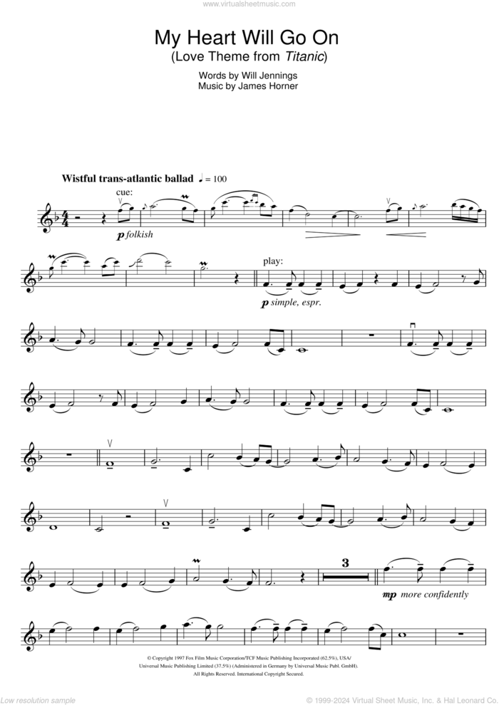 My Heart Will Go On (Love Theme from Titanic) sheet music for violin solo by Celine Dion, James Horner and Will Jennings, wedding score, intermediate skill level