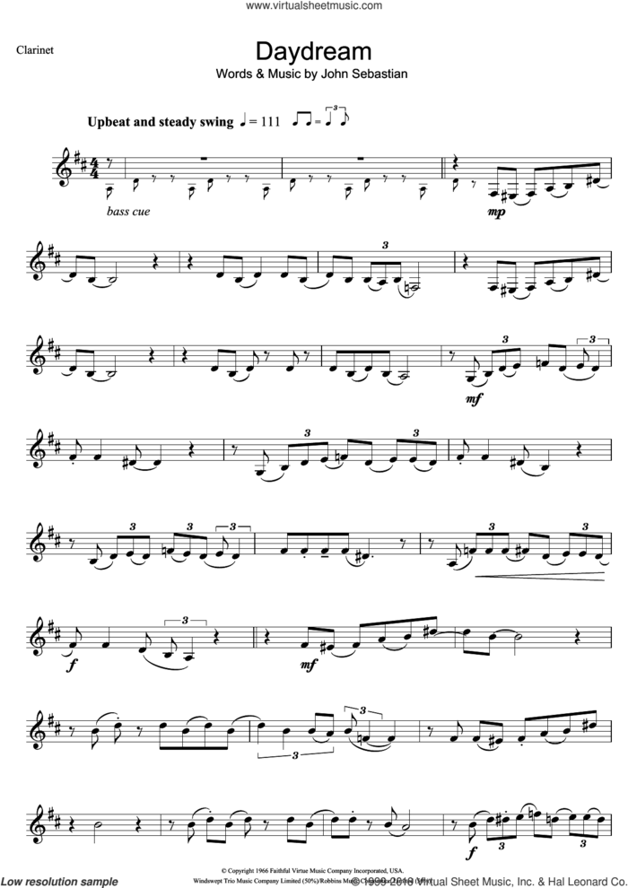 Daydream sheet music for clarinet solo by The Lovin' Spoonful and John Sebastian, intermediate skill level