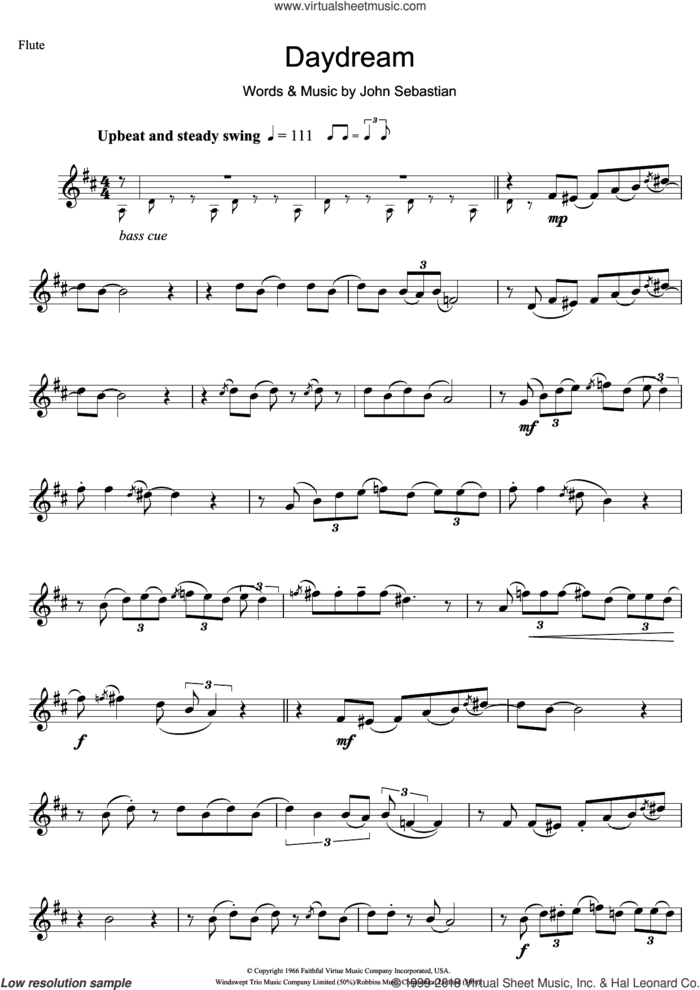 Daydream sheet music for flute solo by The Lovin' Spoonful and John Sebastian, intermediate skill level
