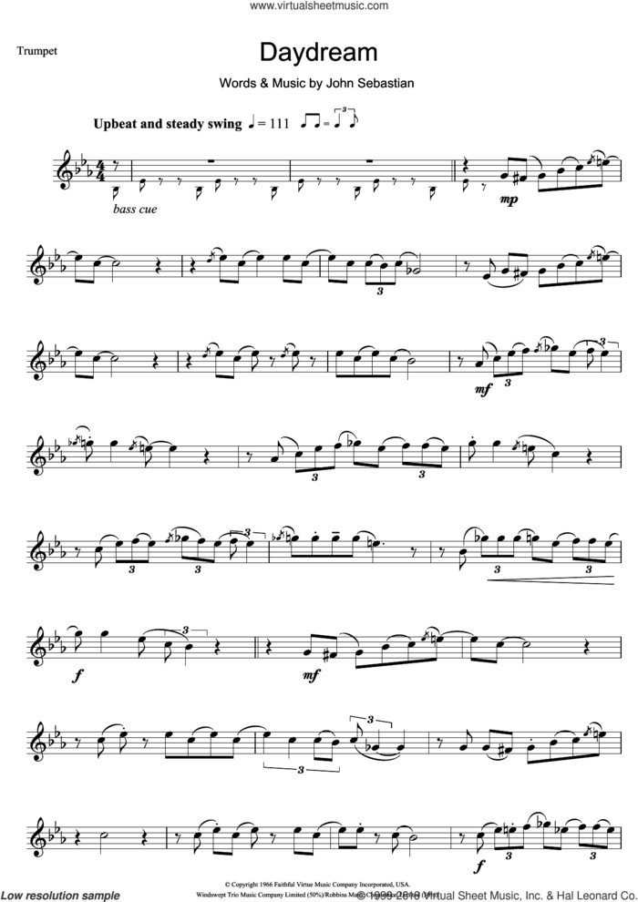 Daydream sheet music for trumpet solo by The Lovin' Spoonful and John Sebastian, intermediate skill level