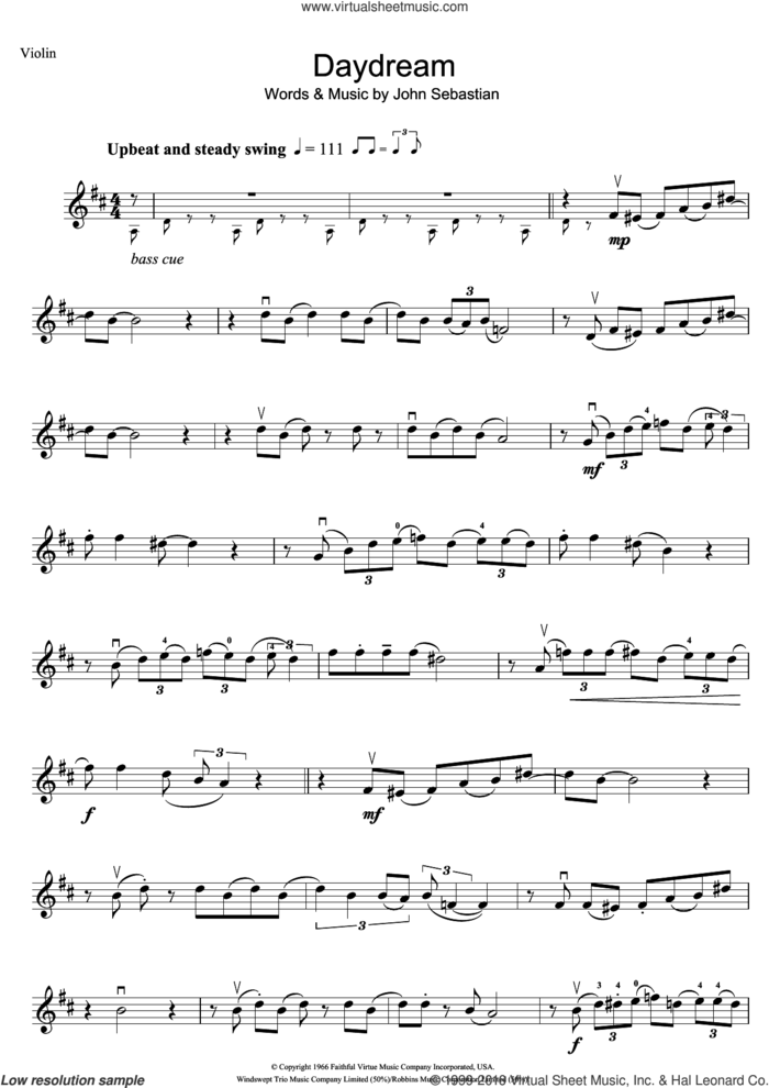 Daydream sheet music for violin solo by The Lovin' Spoonful and John Sebastian, intermediate skill level