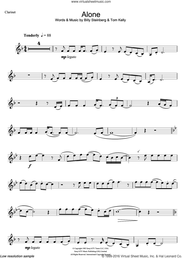 Alone sheet music for clarinet solo by Heart, Billy Steinberg and Tom Kelly, intermediate skill level
