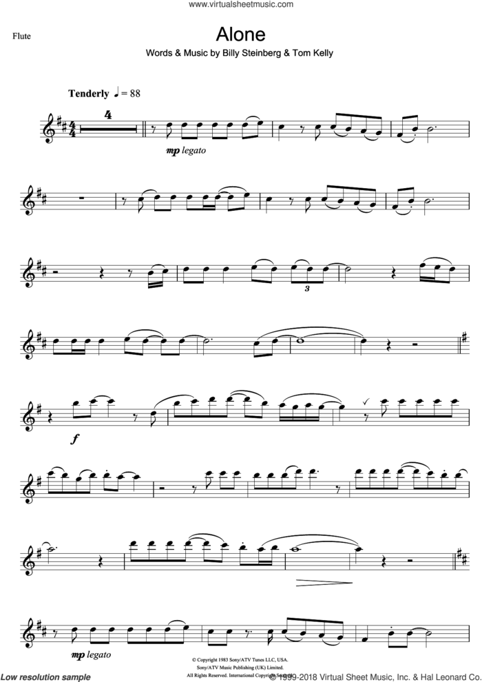 Alone sheet music for flute solo by Heart, Billy Steinberg and Tom Kelly, intermediate skill level