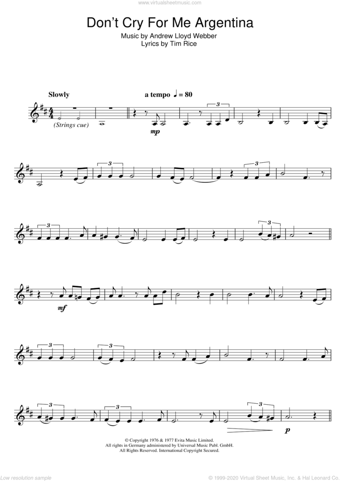 Don't Cry For Me Argentina (from Evita) sheet music for clarinet solo by Madonna, Andrew Lloyd Webber and Tim Rice, intermediate skill level