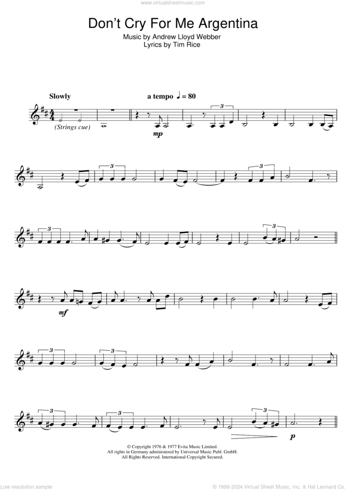 Don't Cry For Me Argentina (from Evita) sheet music for clarinet solo by Madonna, Andrew Lloyd Webber and Tim Rice, intermediate skill level