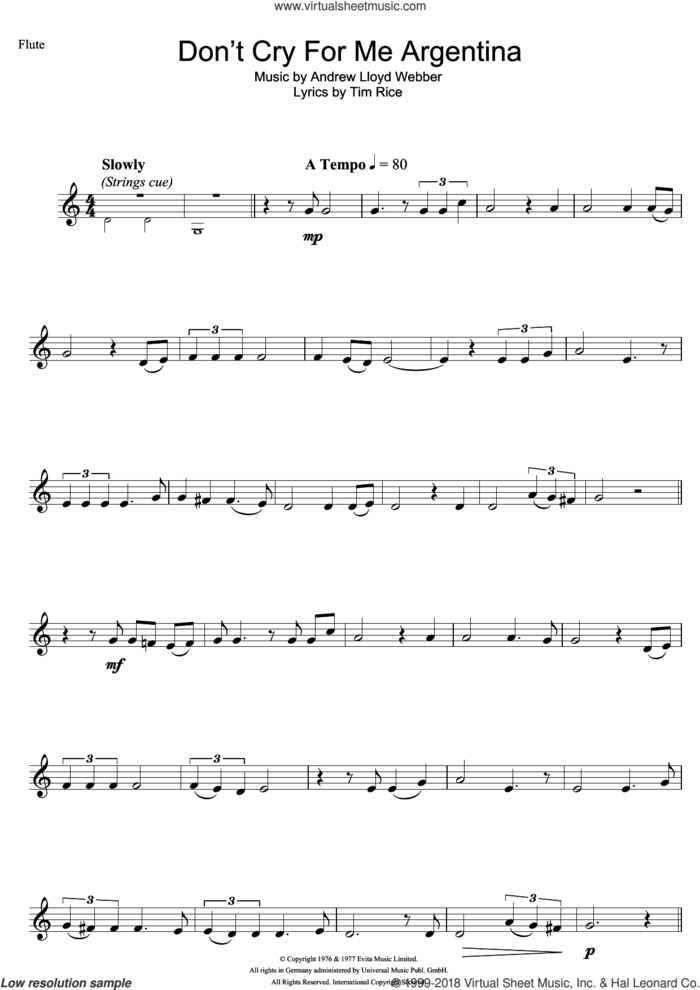 Don't Cry For Me Argentina (from Evita) sheet music for flute solo by Madonna, Andrew Lloyd Webber and Tim Rice, intermediate skill level