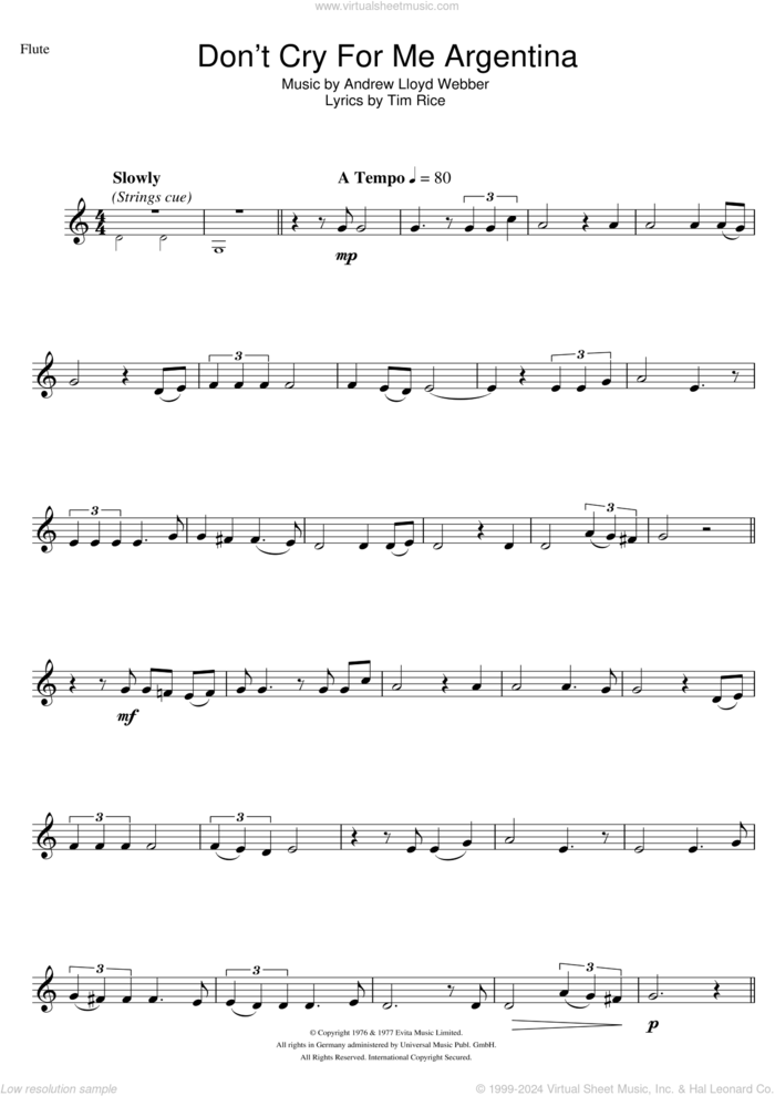 Don't Cry For Me Argentina (from Evita) sheet music for flute solo by Madonna, Andrew Lloyd Webber and Tim Rice, intermediate skill level