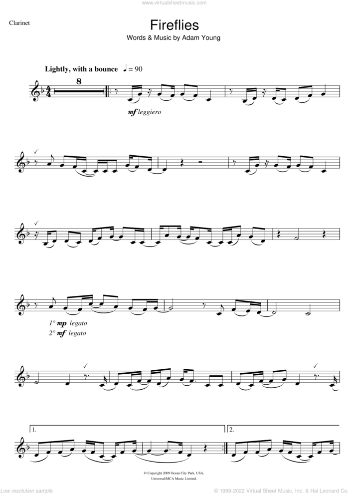 Fireflies sheet music for clarinet solo by Owl City and Adam Young, intermediate skill level