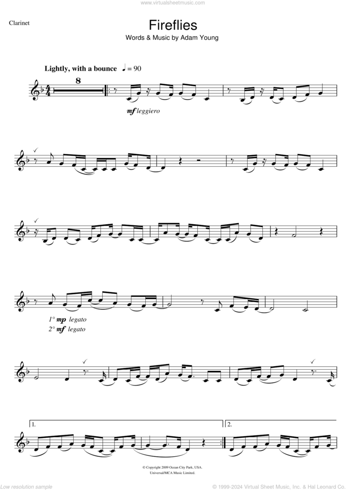 Fireflies sheet music for clarinet solo by Owl City and Adam Young, intermediate skill level