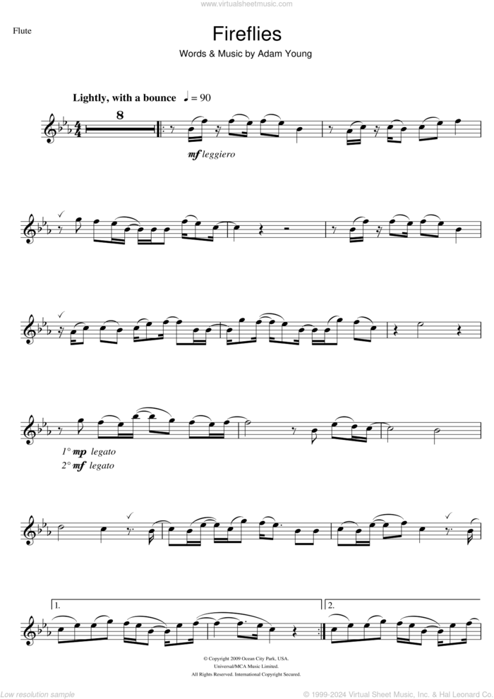 Fireflies sheet music for flute solo by Owl City and Adam Young, intermediate skill level