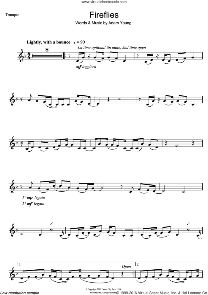 Fireflies sheet music for trumpet solo by Owl City and Adam Young, intermediate skill level