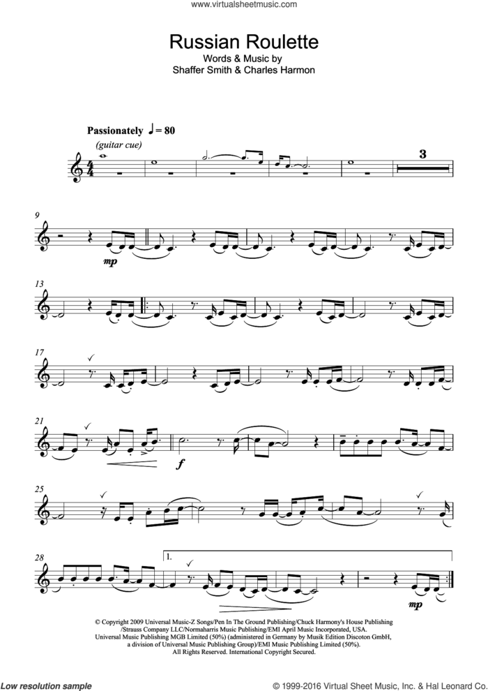 Russian Roulette sheet music for clarinet solo by Rihanna, Charles Harmon and Shaffer Smith, intermediate skill level