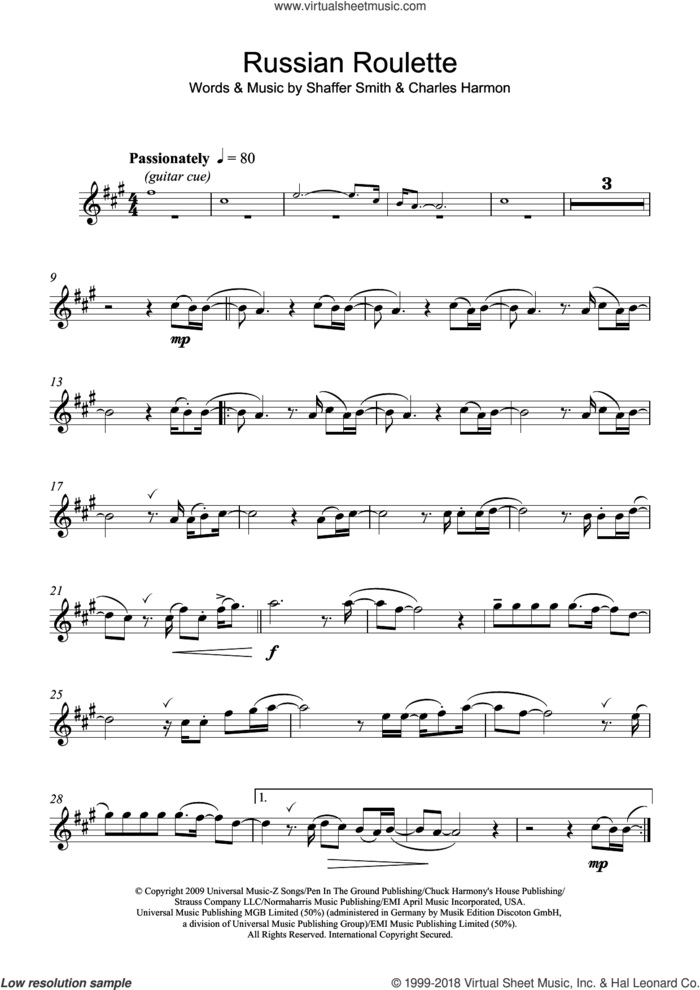 Russian Roulette sheet music for flute solo by Rihanna, Charles Harmon and Shaffer Smith, intermediate skill level