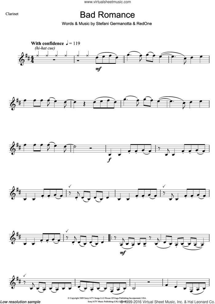 Bad Romance sheet music for clarinet solo by Lady Gaga and RedOne, intermediate skill level