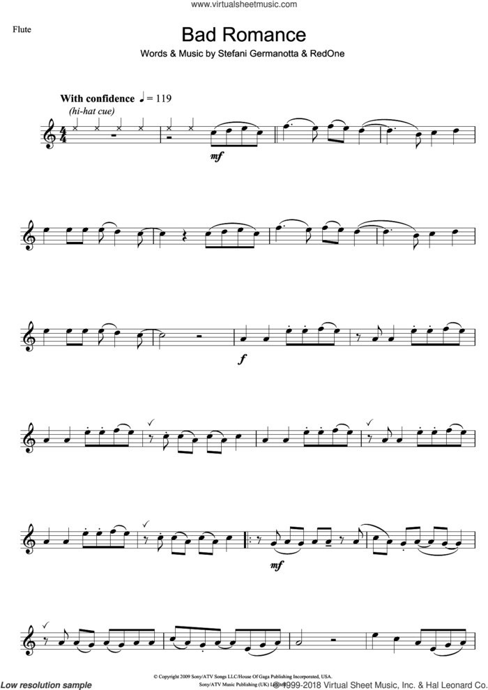 Bad Romance sheet music for flute solo by Lady Gaga and RedOne, intermediate skill level