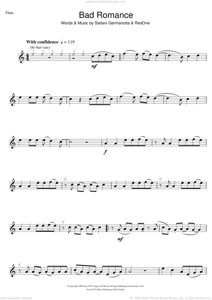 Bad Romance sheet music for flute solo by Lady Gaga and RedOne, intermediate skill level