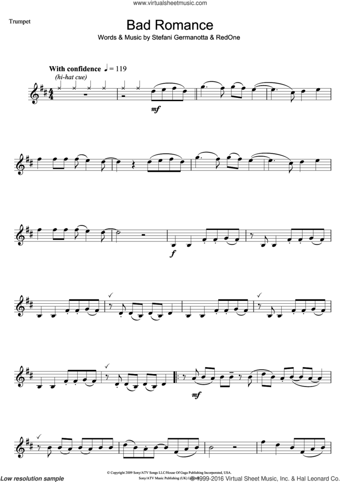 Bad Romance sheet music for trumpet solo by Lady Gaga and RedOne, intermediate skill level