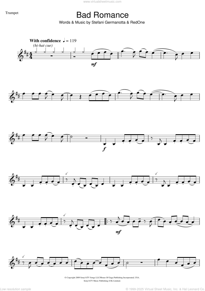 Bad Romance sheet music for trumpet solo by Lady Gaga and RedOne, intermediate skill level