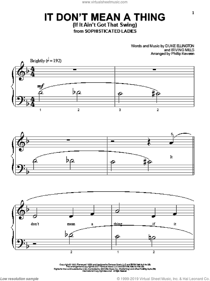 It Don't Mean A Thing (If It Ain't Got That Swing) (arr. Phillip Keveren) sheet music for piano solo by Duke Ellington, Phillip Keveren and Irving Mills, beginner skill level