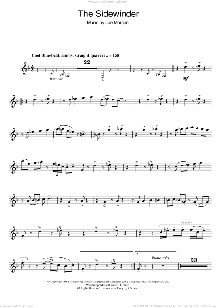 The Sidewinder sheet music for trumpet solo by Lee Morgan, intermediate skill level