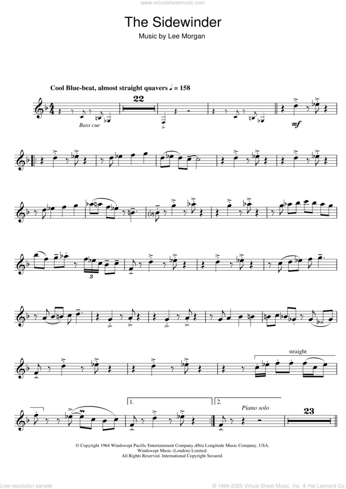 The Sidewinder sheet music for trumpet solo by Lee Morgan, intermediate skill level