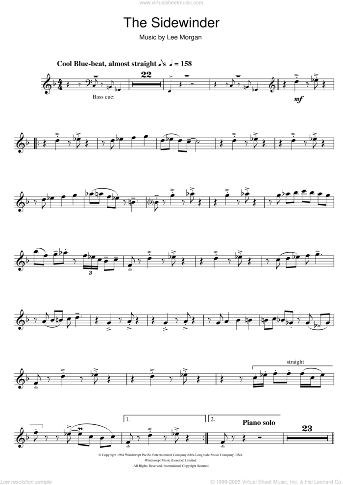 The Sidewinder sheet music for tenor saxophone solo by Lee Morgan, intermediate skill level