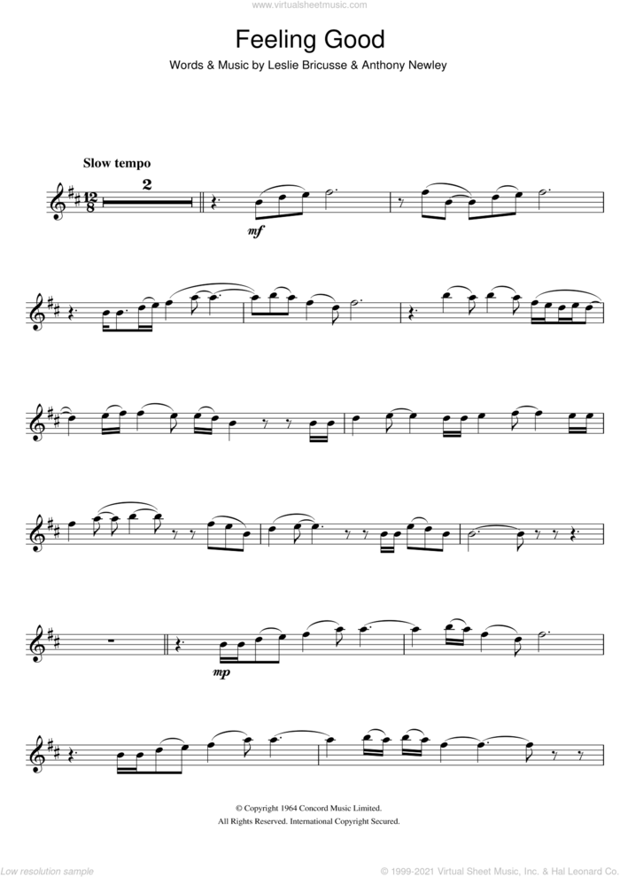 Feeling Good sheet music for clarinet solo by Nina Simone, Anthony Newley and Leslie Bricusse, intermediate skill level