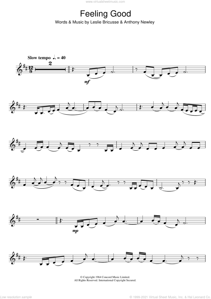 Feeling Good sheet music for trumpet solo by Nina Simone, Anthony Newley and Leslie Bricusse, intermediate skill level