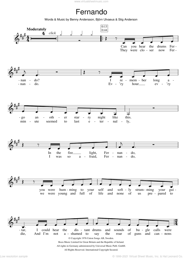 Fernando sheet music for clarinet solo by ABBA, Benny Andersson, Bjorn Ulvaeus and Stig Anderson, intermediate skill level