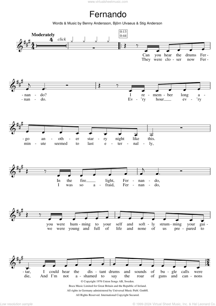 Fernando sheet music for clarinet solo by ABBA, Benny Andersson, Bjorn Ulvaeus and Stig Anderson, intermediate skill level