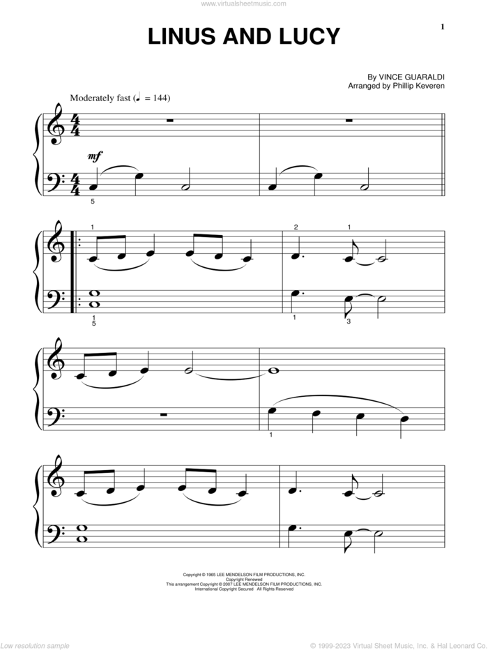 Linus And Lucy (arr. Phillip Keveren), (beginner) (arr. Phillip Keveren) sheet music for piano solo by Vince Guaraldi and Phillip Keveren, beginner skill level