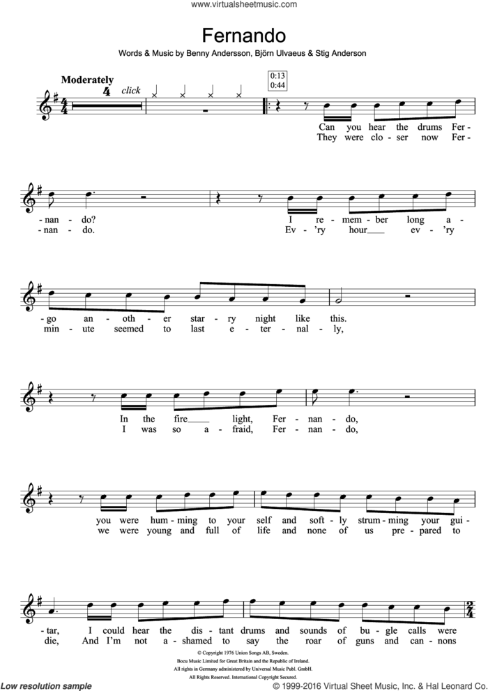 Fernando sheet music for violin solo by ABBA, Benny Andersson, Bjorn Ulvaeus and Stig Anderson, intermediate skill level