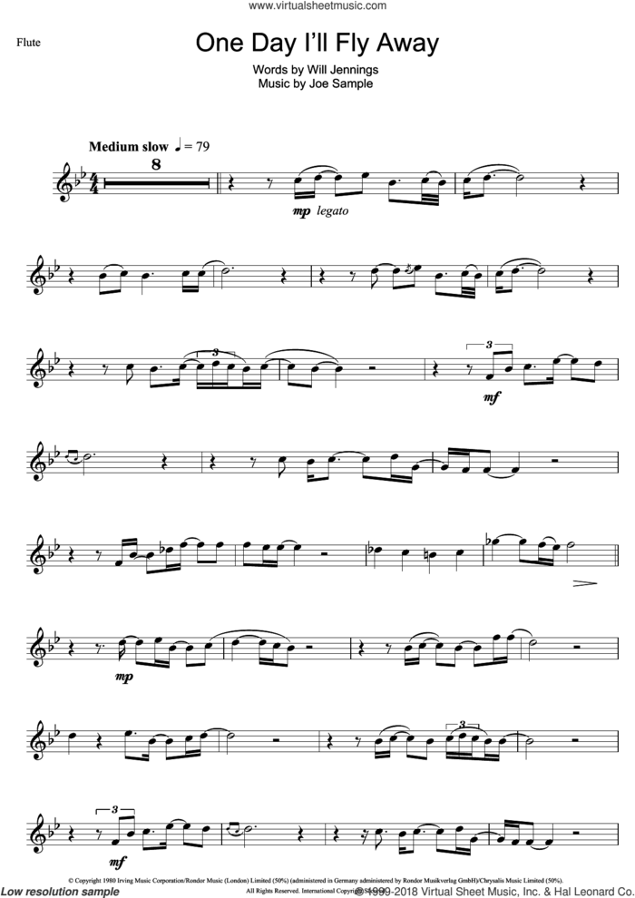 One Day I'll Fly Away sheet music for flute solo by Randy Crawford, Nicole Kidman, Joe Sample and Will Jennings, intermediate skill level