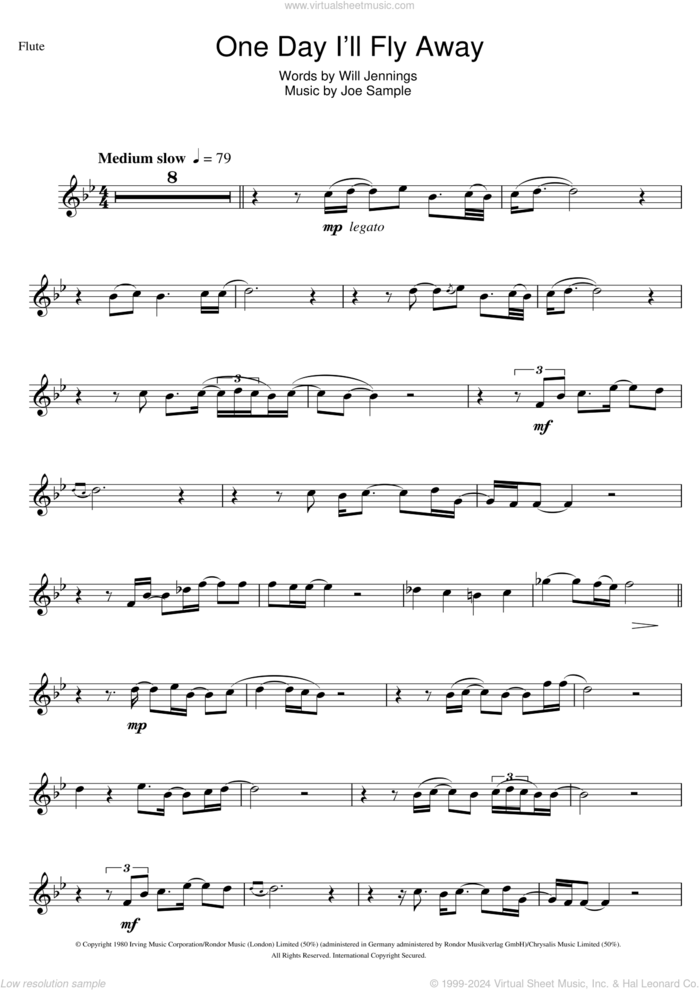 One Day I'll Fly Away sheet music for flute solo by Randy Crawford, Nicole Kidman, Joe Sample and Will Jennings, intermediate skill level