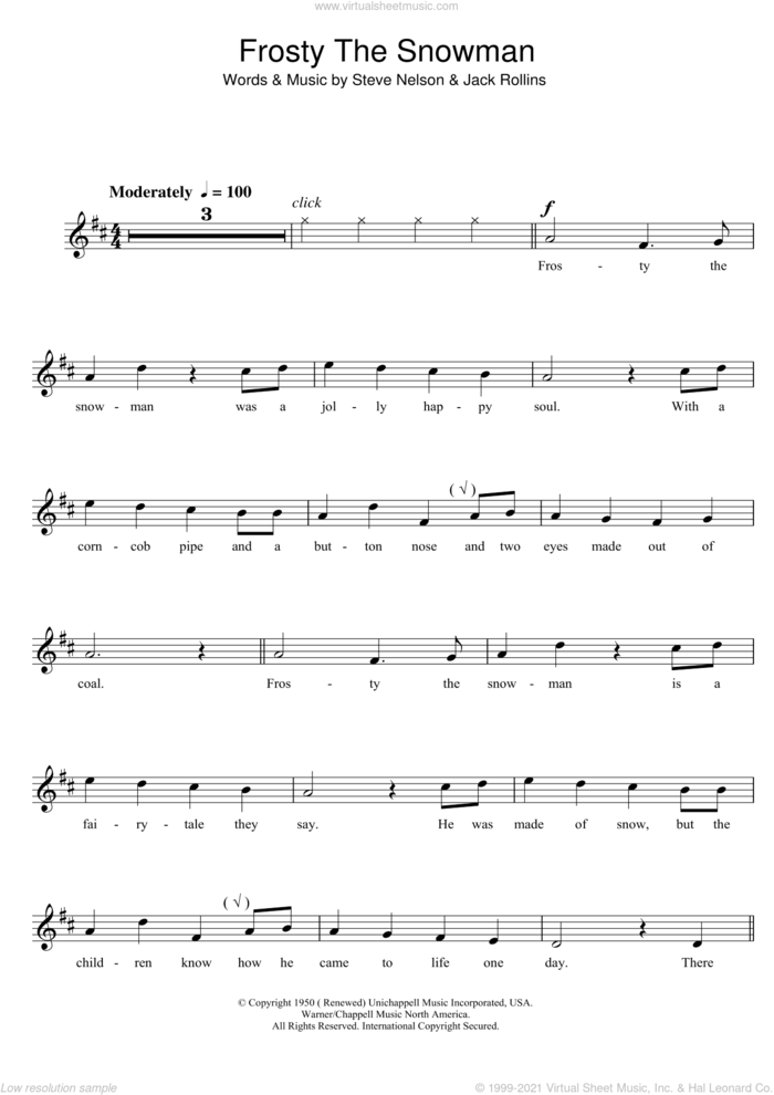 Frosty The Snowman sheet music for clarinet solo by The Ronettes, Jack Rollins and Steve Nelson, intermediate skill level