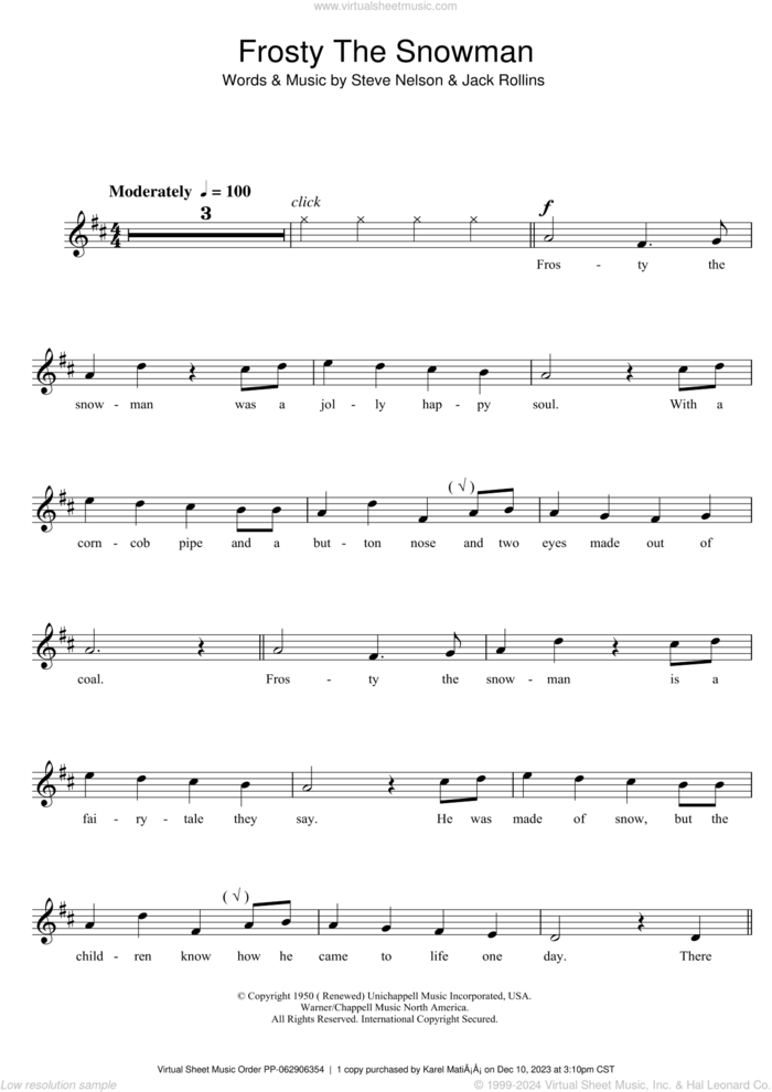 Frosty The Snowman sheet music for clarinet solo by The Ronettes, Jack Rollins and Steve Nelson, intermediate skill level