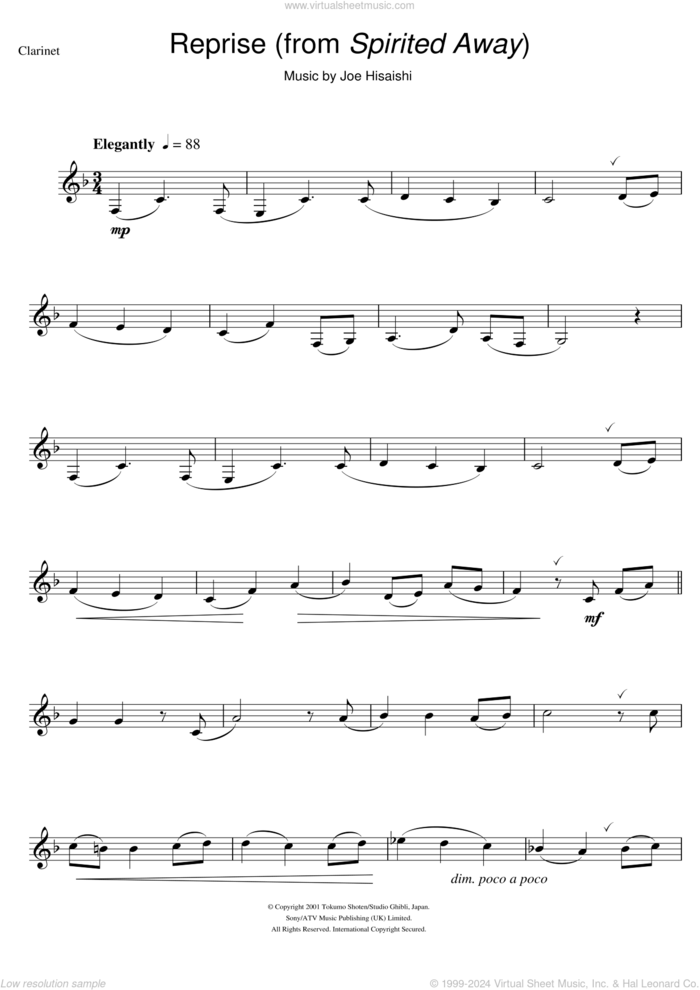 Reprise ... (from Spirited Away) sheet music for clarinet solo by Joe Hisaishi, intermediate skill level