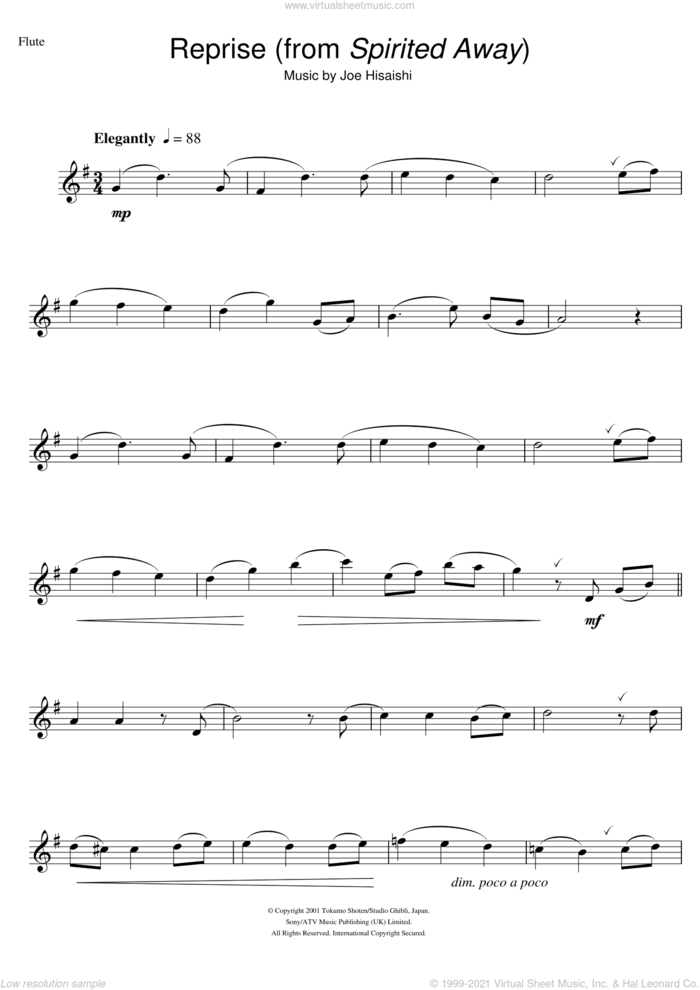Reprise ... (from Spirited Away) sheet music for flute solo by Joe Hisaishi, intermediate skill level