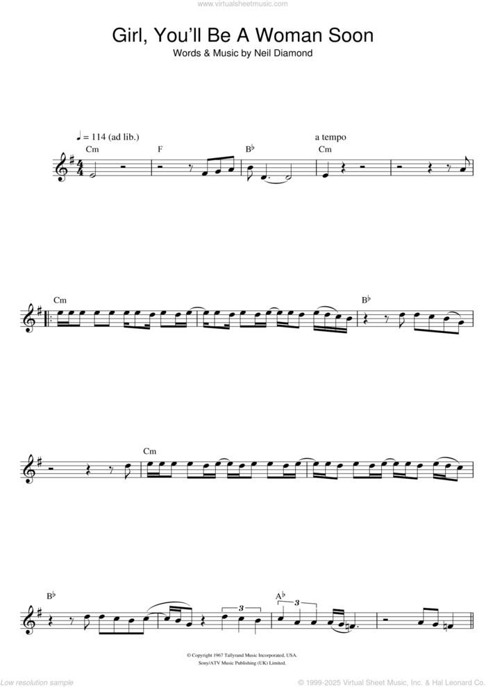 Girl, You'll Be A Woman Soon sheet music for saxophone solo by Neil Diamond and Urge Overkill, intermediate skill level